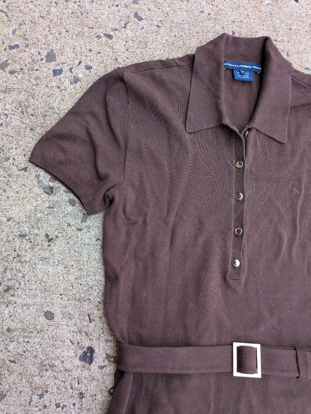 Vintage 90s Ralph Lauren Golf Chocolate Brown Cotton Knit Belted Polo Top, S